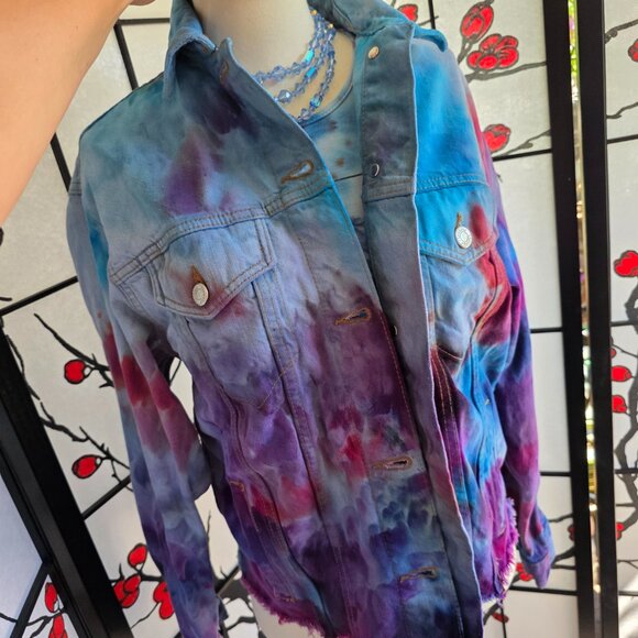 Hand Dyed Topshop Jacket S — Ice-Dye Pastel Vibes, Frayed Hem, 4 Pockets, Relaxe - Picture 5 of 8